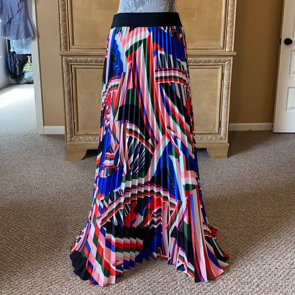 Blue Red Abstract Print Pleated Maxi Skirt Large - Picture 3 of 8
